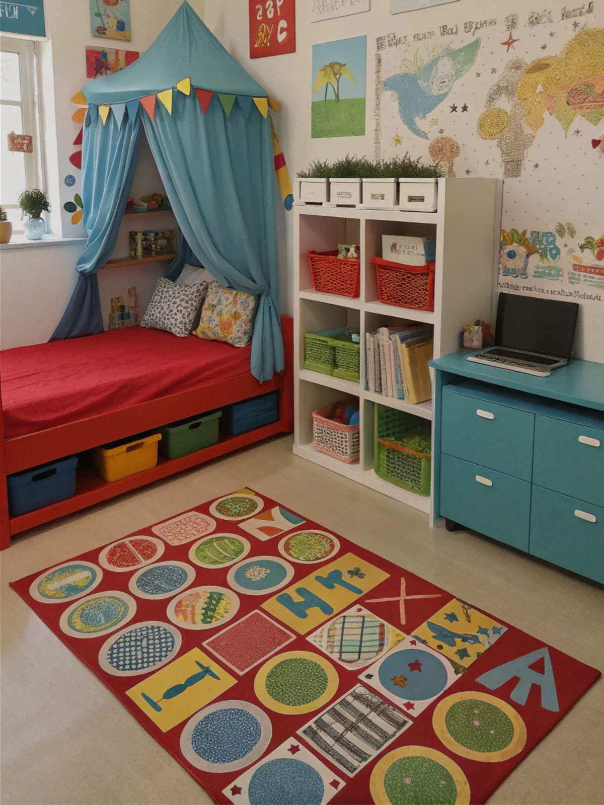 Colorful and playful kids’ room featuring a bright red and blue alphabet-themed rug, a cozy canopy bed, educational wall art, and vibrant storage solutions.