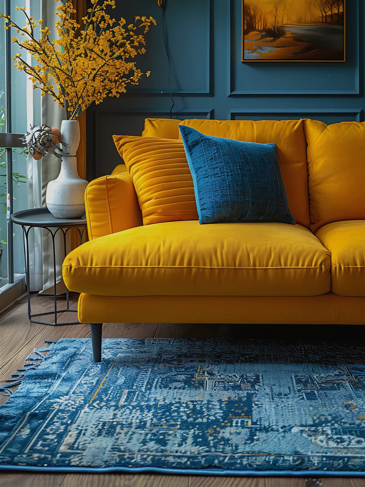 Modern living room featuring a vibrant blue rug with abstract patterns, minimalist furniture, and soft natural light creating a calm and contemporary ambiance.