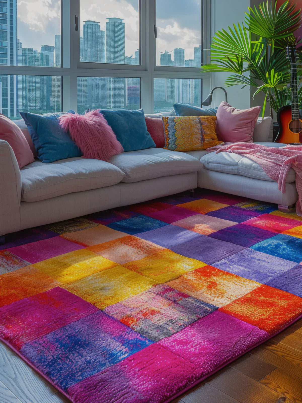 A vibrant multicolor rug with a patchwork design, brightening a modern living room with city views, colorful cushions, and cozy textures.