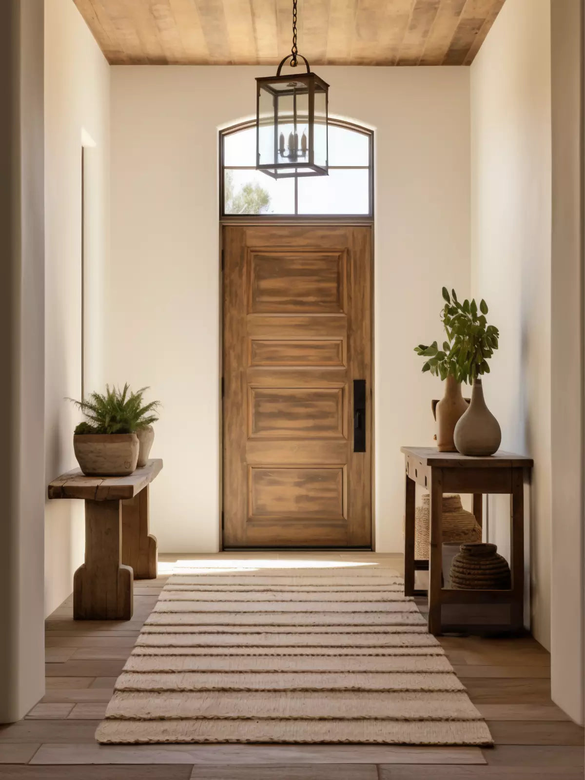 Warm and inviting entryway featuring a striped, washable rug on a wooden floor, complemented by rustic decor and a wooden front door.