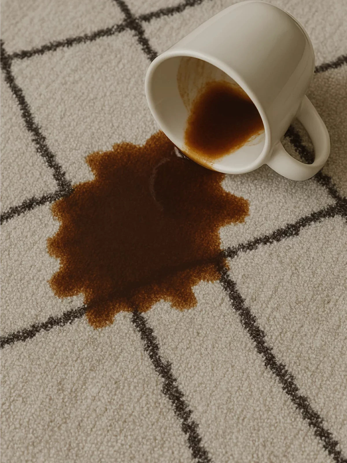A close-up of spilled coffee from a white mug on a light-colored rug with black geometric lines.
