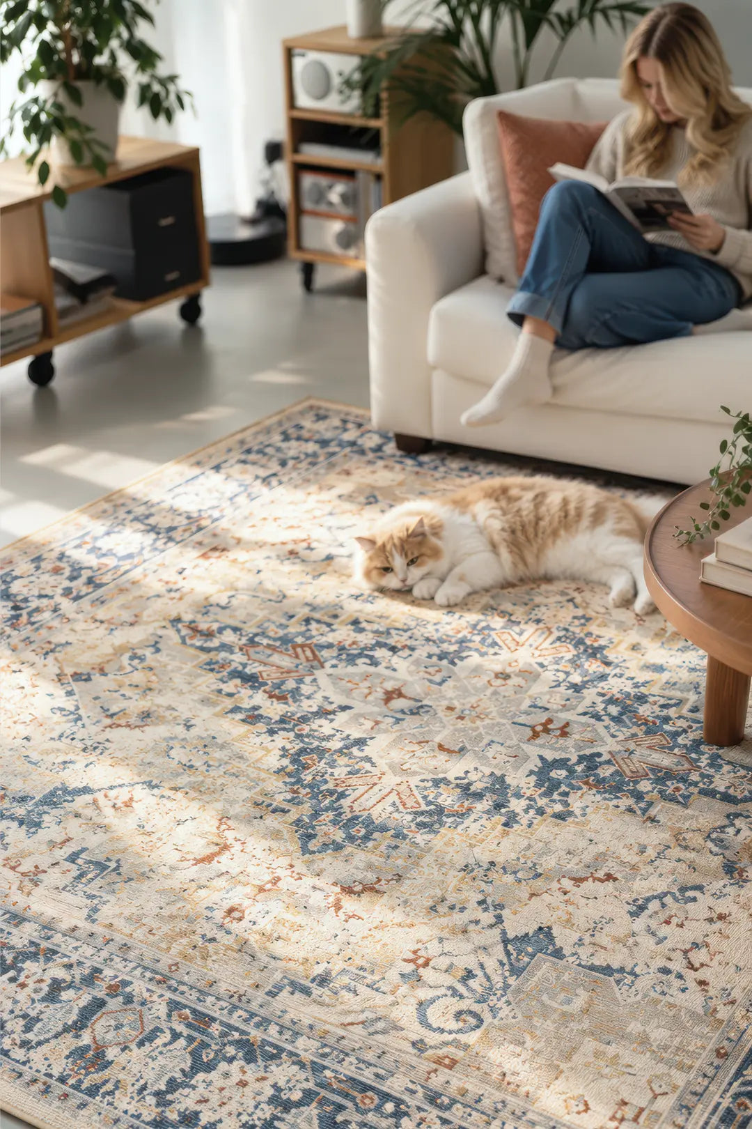 Vintage blue and cream area rug in a cozy living room with a woman reading and a long-haired cat.