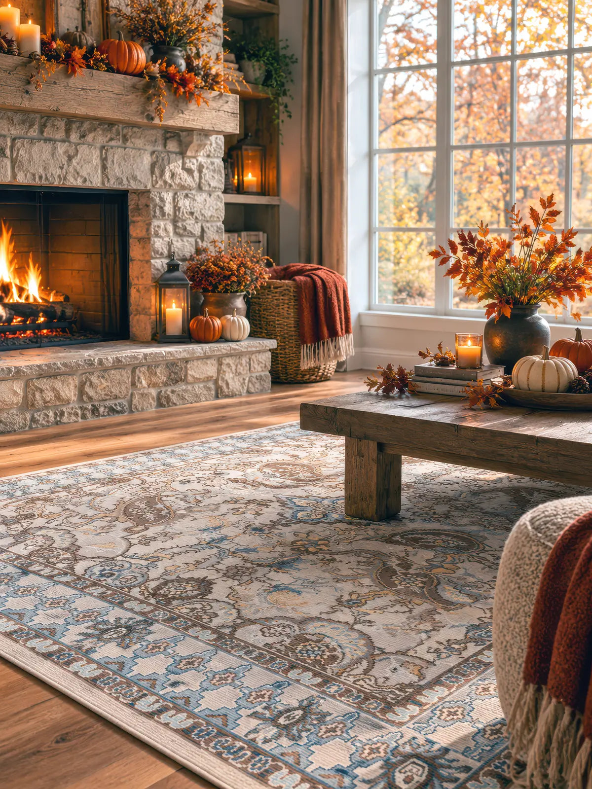 A large traditional-style area rug with an intricate blue, beige, and brown floral pattern, styled in a cozy living room with a stone fireplace, rustic wooden coffee table, and fall decorations.