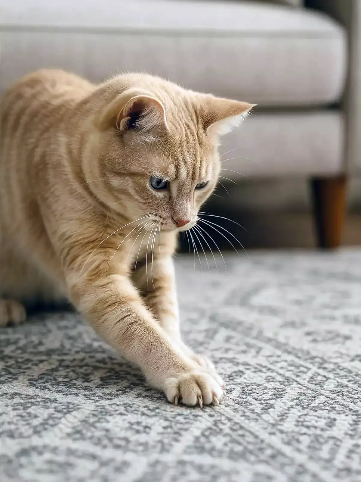 Orange cat stretching on a patterned rug