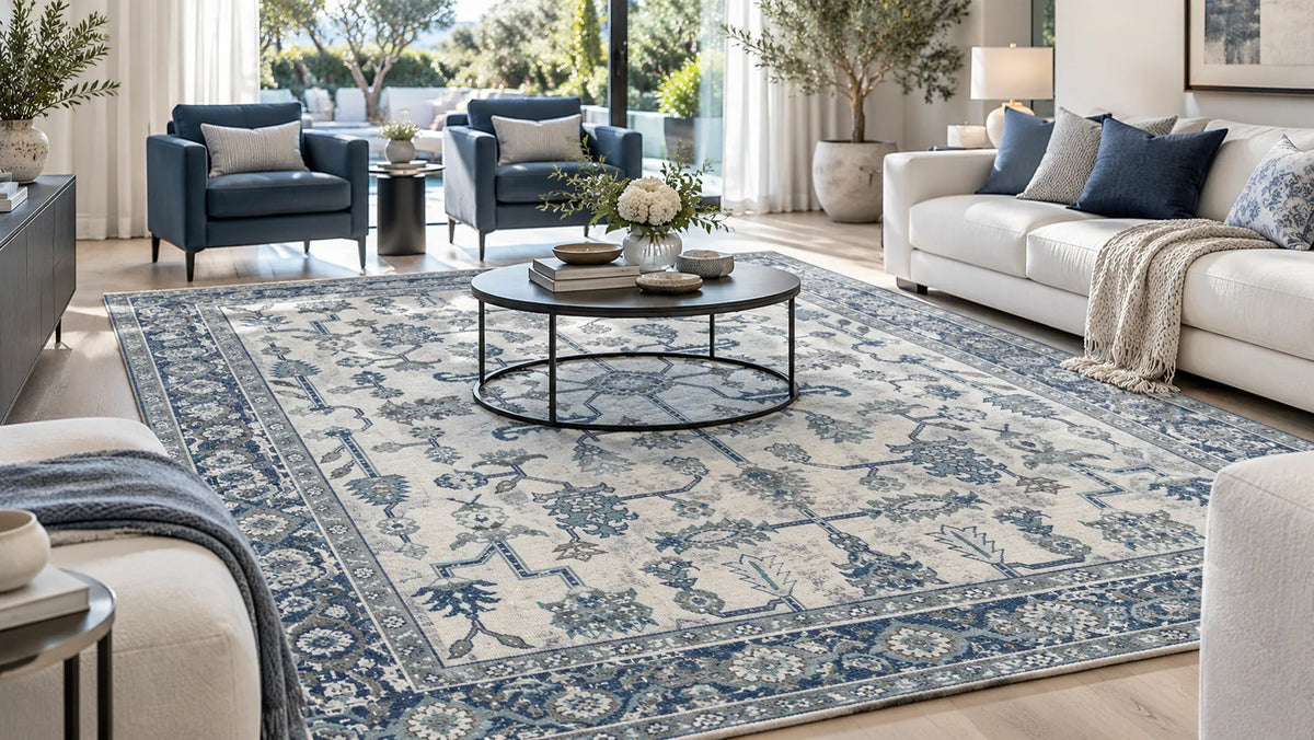 A large traditional-style area rug with a blue and off-white floral pattern, styled in a bright, modern living room with a white sofa, blue armchairs, and a round coffee table.