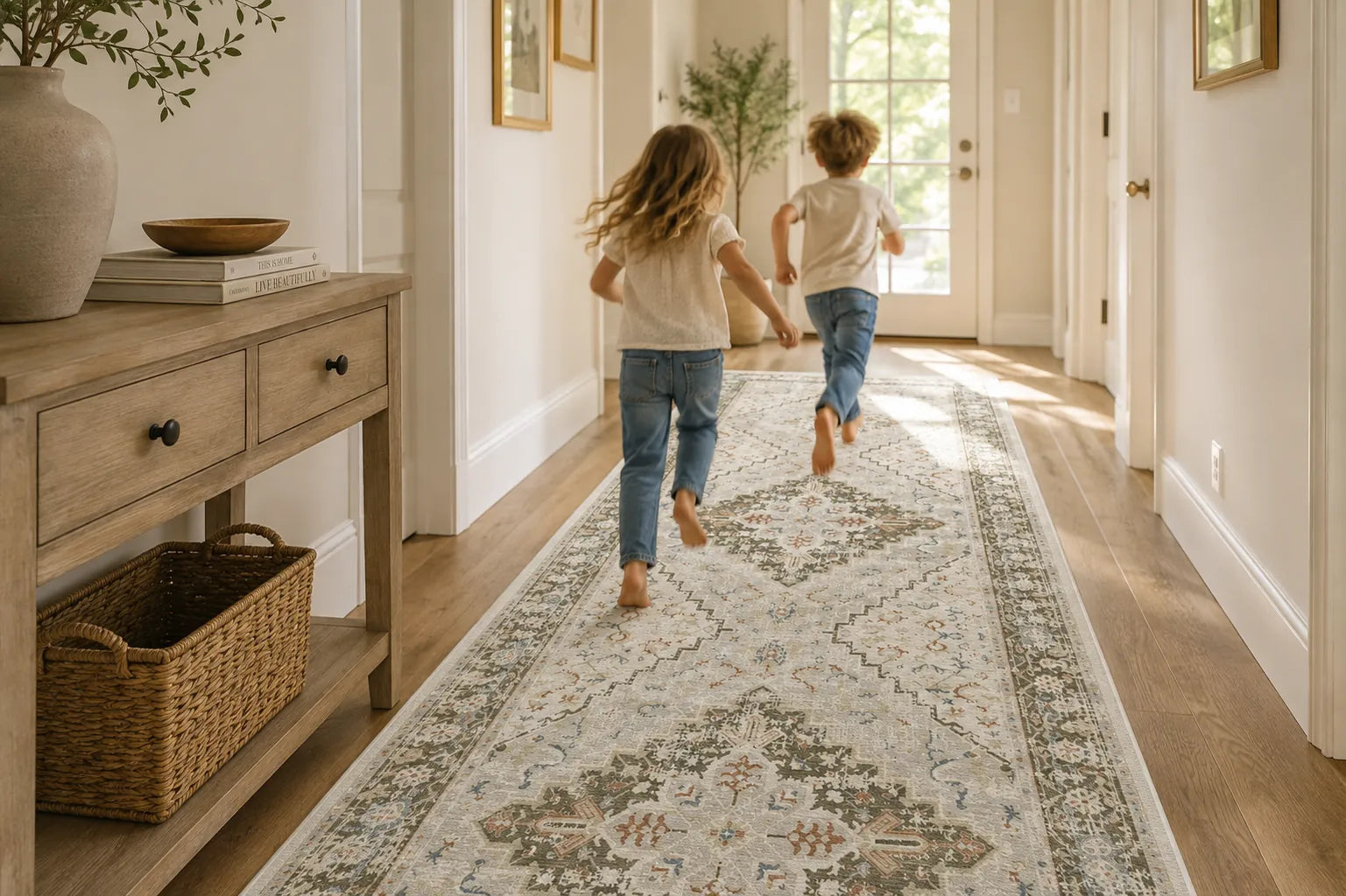 A long patterned area rug in a bright hallway, with two children running barefoot down the center toward a glass door. The room has light wood floors, white walls, a wooden console table, and framed wall art.