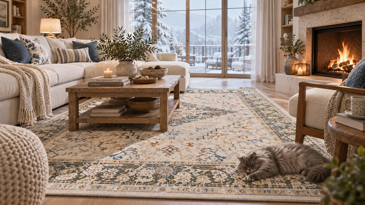 A traditional-style area rug with an intricate beige, blue, and green floral pattern is styled in a cozy living room. A gray fluffy cat is lying on the rug in the foreground, while a wooden coffee table and cream-colored sectional sofa sit on the floor.