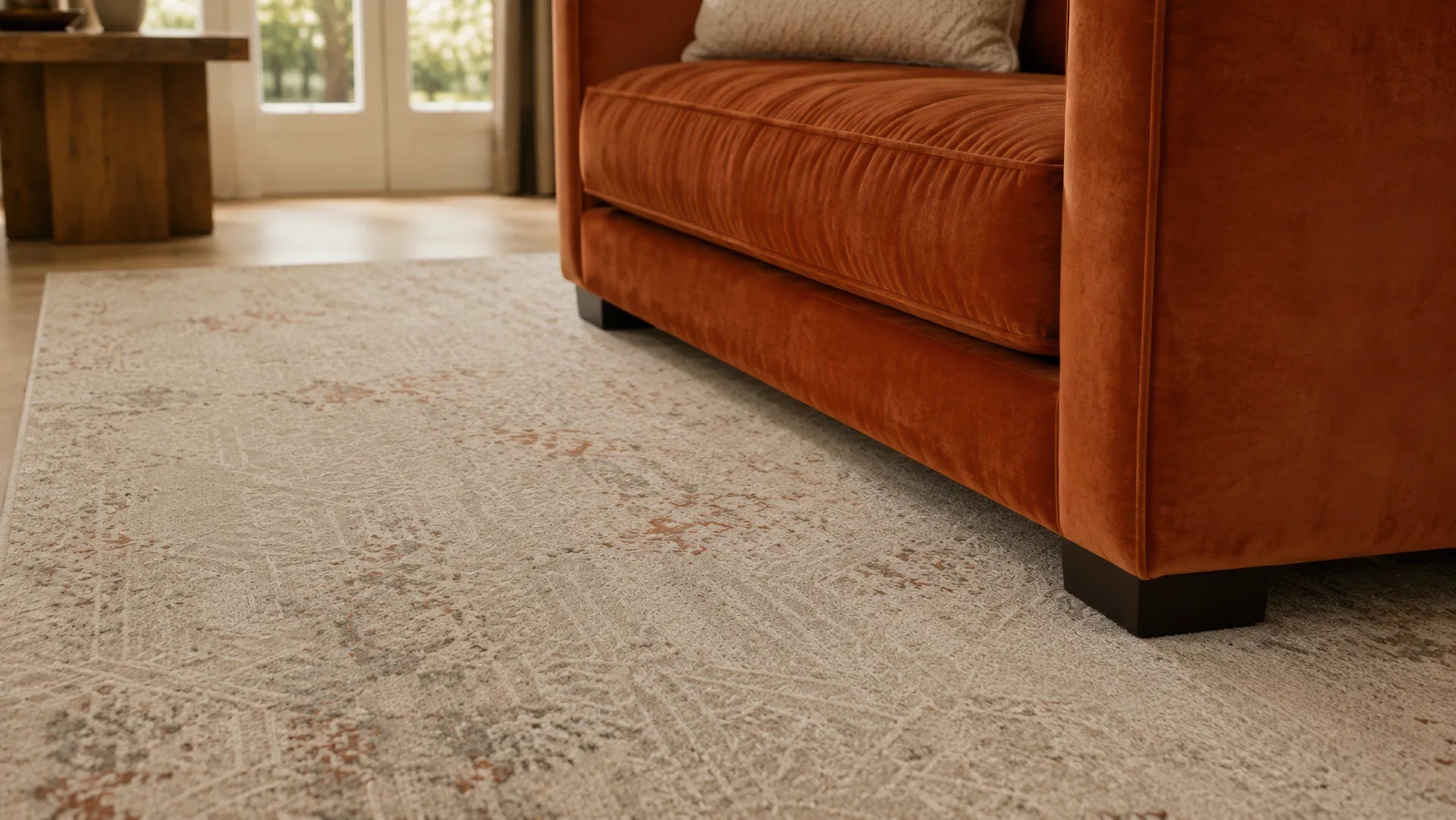 A beige rug under orange furniture in a living room.