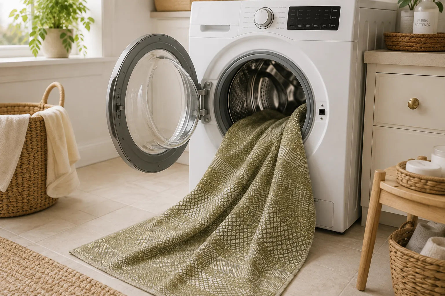 A white front-loading washing machine with its door open, with a textured olive green towel or blanket being washed and drained. The scene is set in a bright, modern laundry room with a wooden cabinet, a small stool, and a wicker basket.