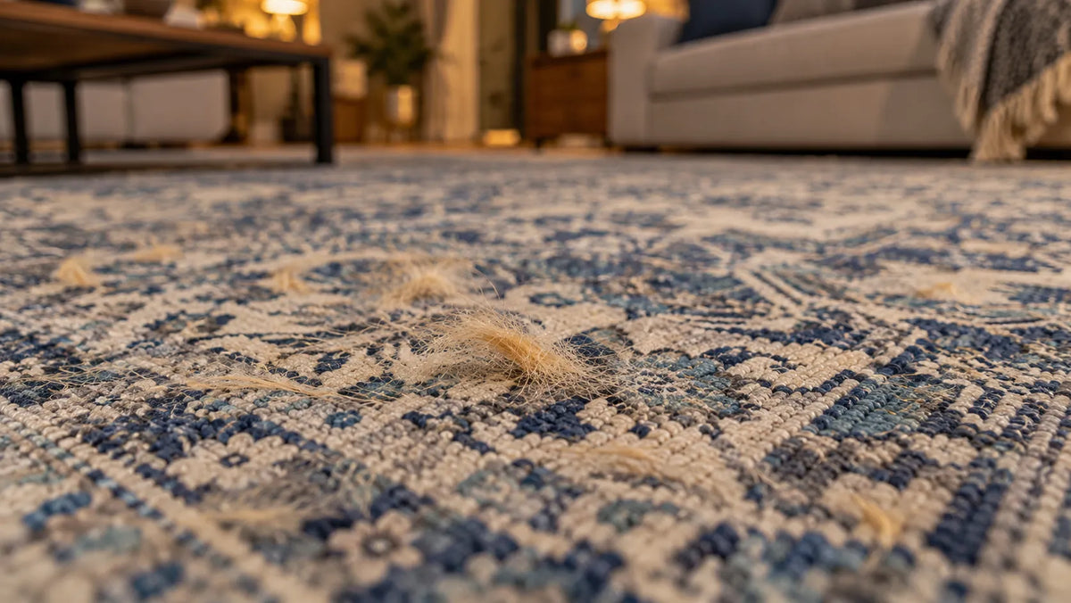 A vintage blue rug and dog hairs on it.