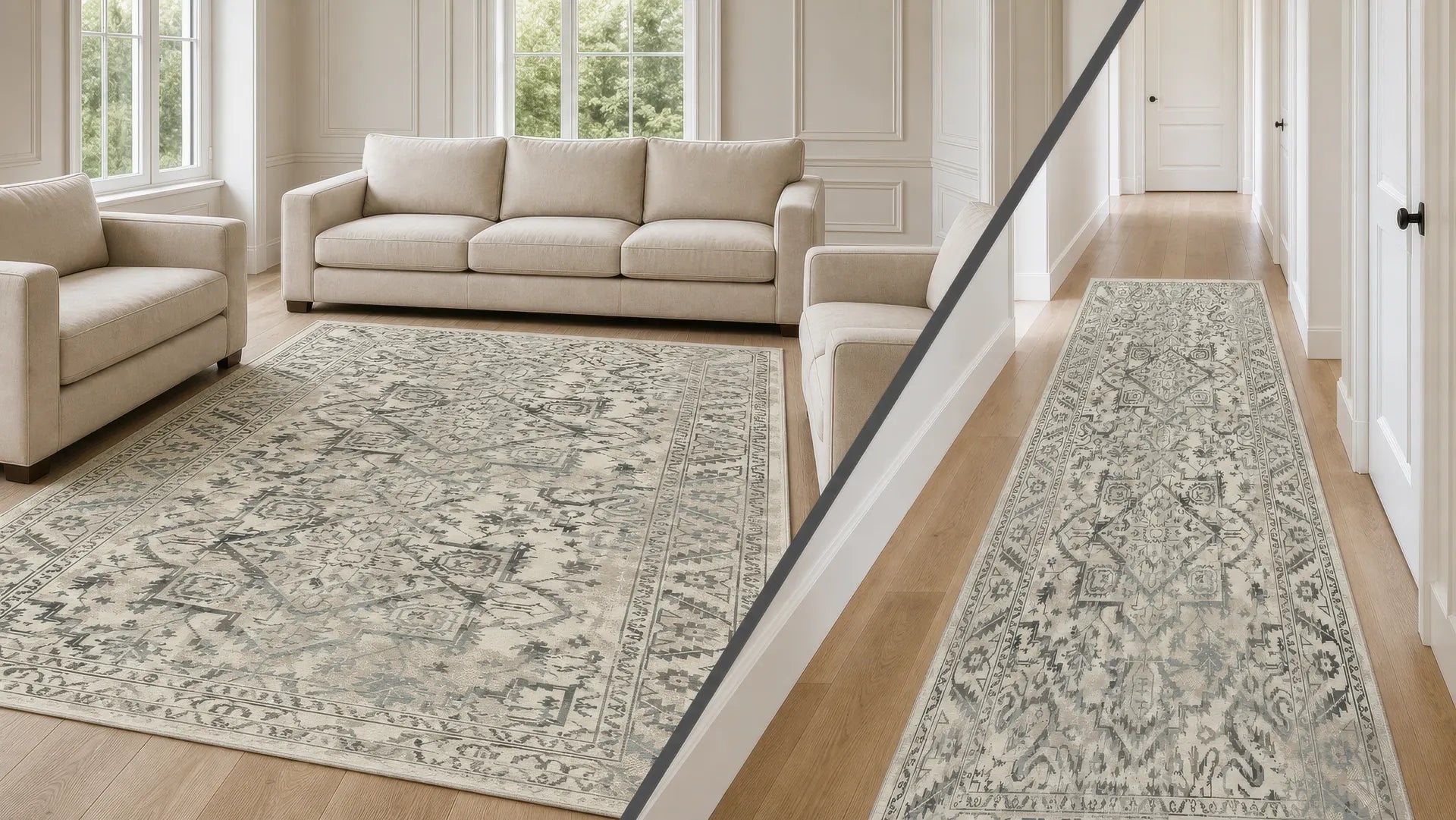 A split-screen lifestyle image showing a traditional-style area rug in a living room and a matching runner rug in a hallway. The rugs feature an intricate, distressed floral pattern in muted gray and beige tones on a warm cream background.