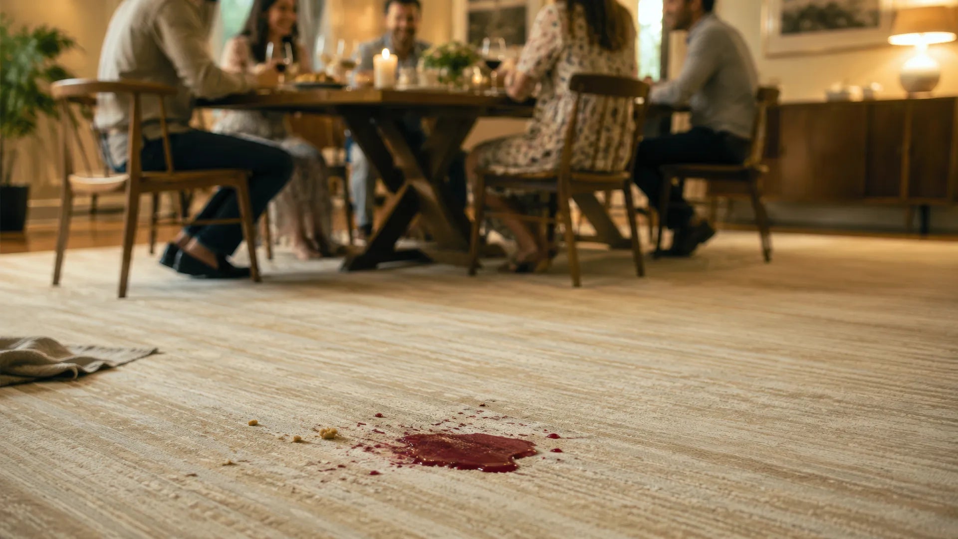 A close-up of a beige textured area rug with a small red stain in the foreground, with a blurred dining room scene in the background showing people seated around a table.