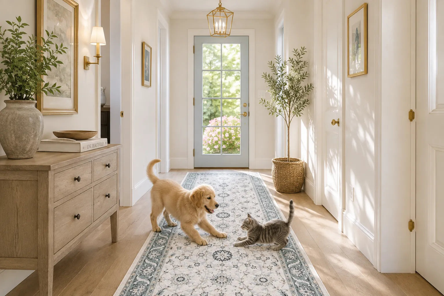 A bright hallway with a light wood dresser on the left, framed wall art, a hanging lantern light, and a patterned runner rug. A golden retriever puppy and a gray tabby kitten are playing on the rug near the center.
