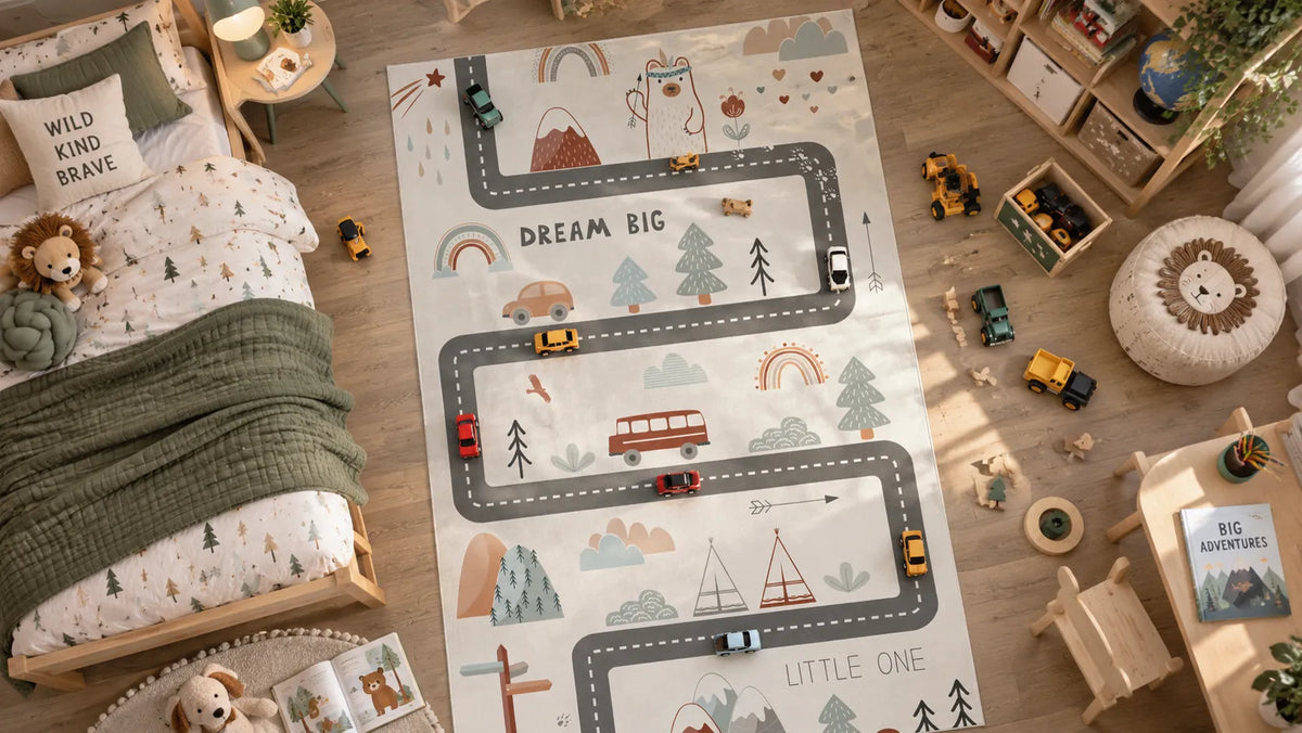 A children's bedroom scene with a large road-map style play rug laid on a wood floor. The rug has illustrated winding roads, trees, mountains, rainbows, and small toy cars, with the words “DREAM BIG” and “LITTLE ONE.
