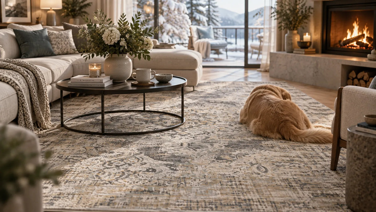 A golden retriever lies on a large distressed traditional area rug in a cozy, modern living room with a fireplace, coffee table, and outdoor view.