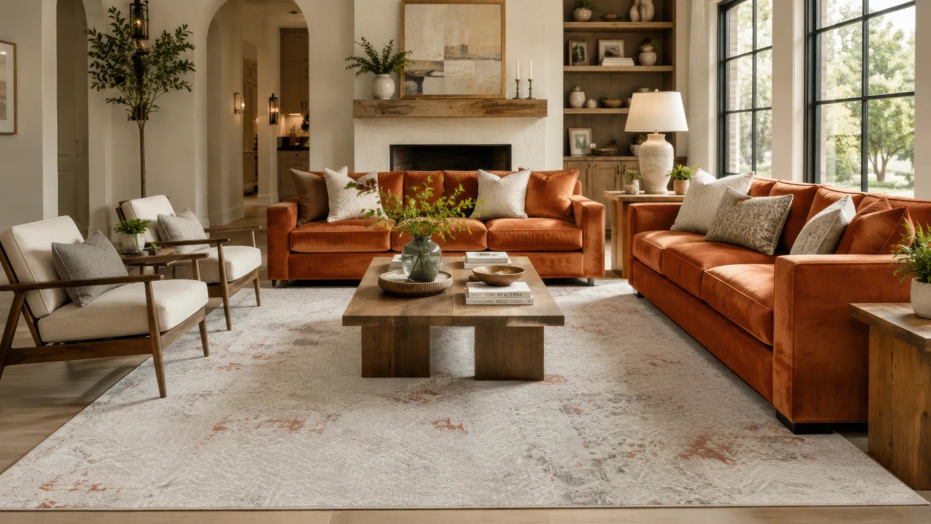 A styled living room featuring a large distressed off-white area rug with subtle reddish-brown undertones, styled with orange-brown leather sofas, a wooden coffee table, and neutral accent chairs.