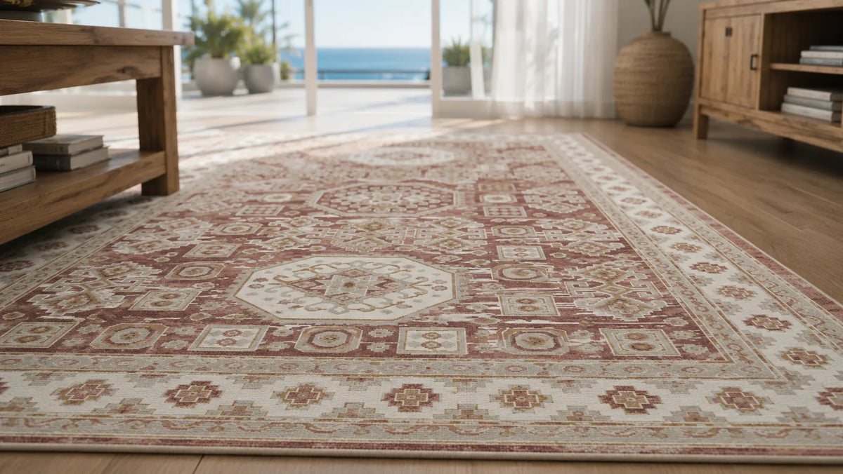 A rectangular area rug with an intricate traditional medallion pattern in beige, rust red, and cream, shown on a light wood floor in a bright living room with a window overlooking the ocean.