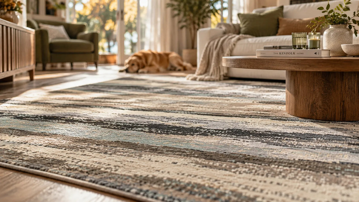 A modern chenille area rug with a distressed abstract pattern in beige, gray, and muted blue, styled in a bright, modern living room with a dog lying on the floor nearby.