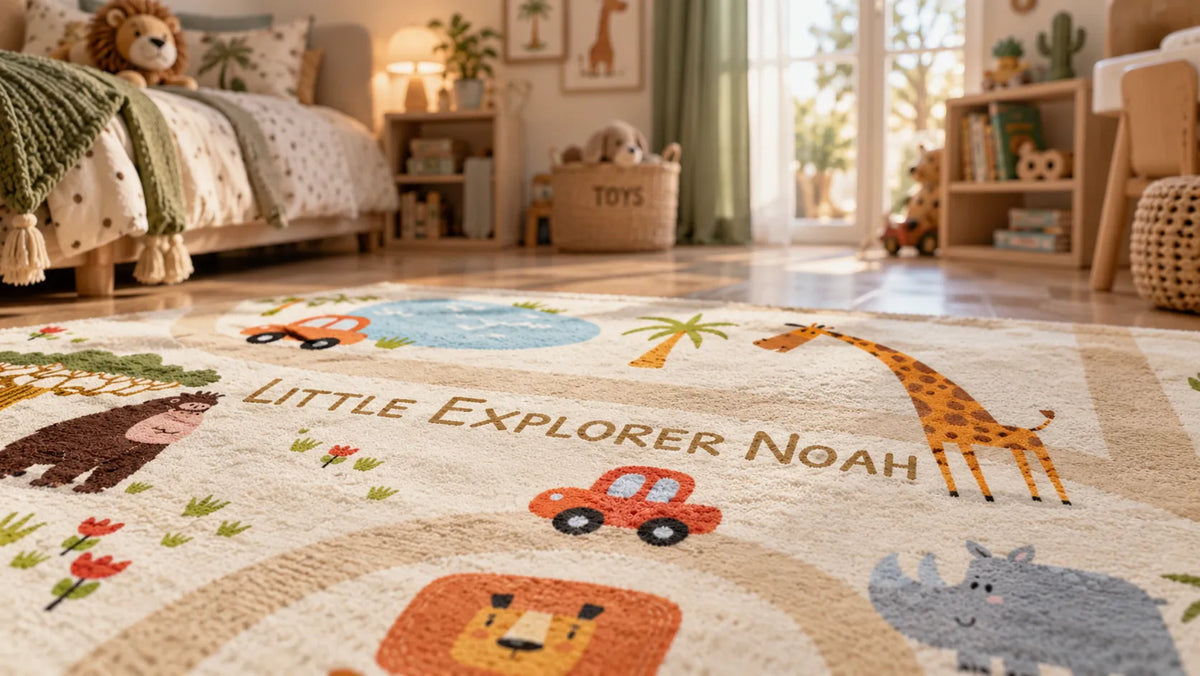 A personalized children's area rug featuring safari animal illustrations and the text 'LITTLE EXPLORER NOAH' in a warm, styled nursery room setting.