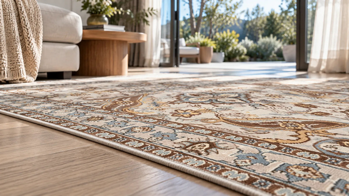 An ornate traditional area rug with beige, brown, and blue patterns, shown on a light wood floor in a bright, modern living room with large windows and a patio view.