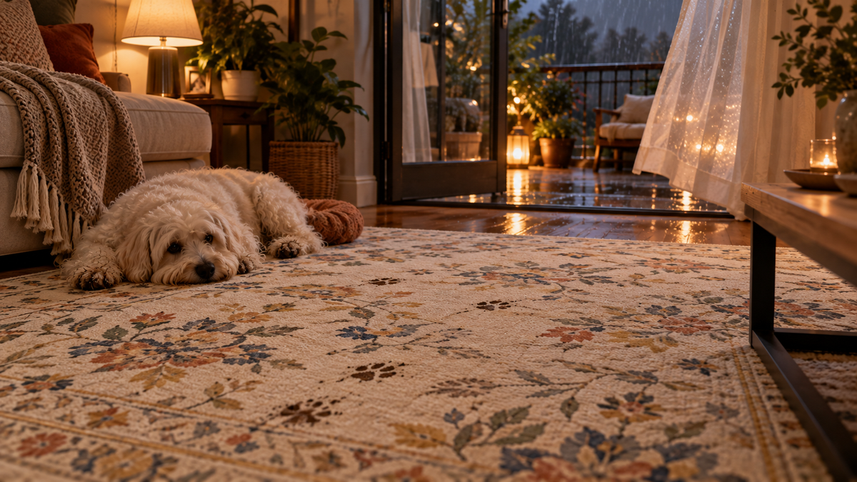 A cute white dog has soiled a white, floral spring carpet. The dog’s paw prints are visible on the carpet. A white dog is lying on the carpet.