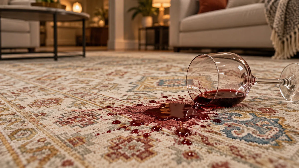 A glass of red wine has been spilled on a carpet. The carpet is white—or a light color—and the red wine has stained it.
