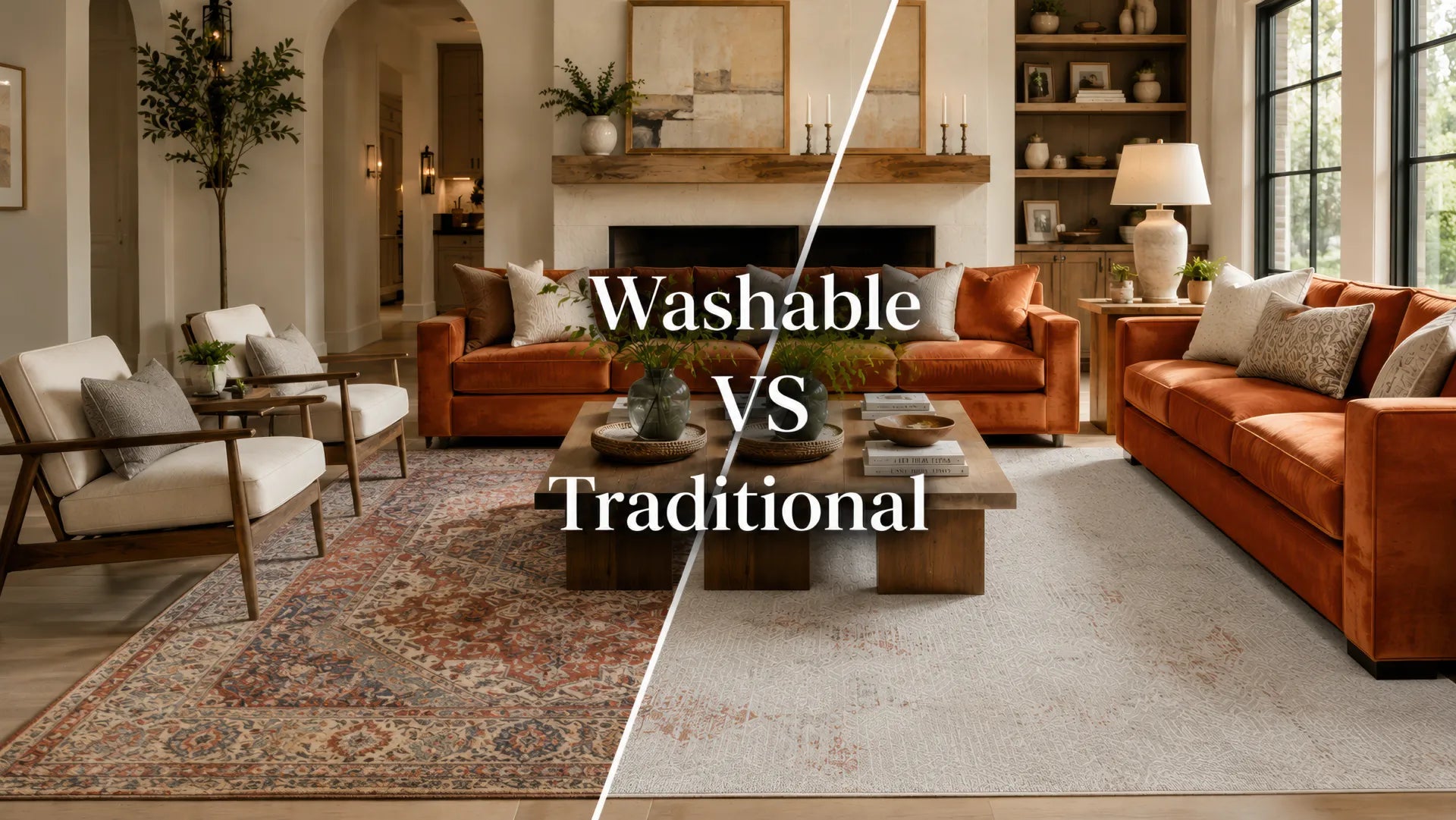 A split-screen comparison of two living room styles labeled 'Washable VS Traditional'. The left side shows a modern, minimalist living room with a cream armchair, a rust-orange sofa, and a patterned area rug.