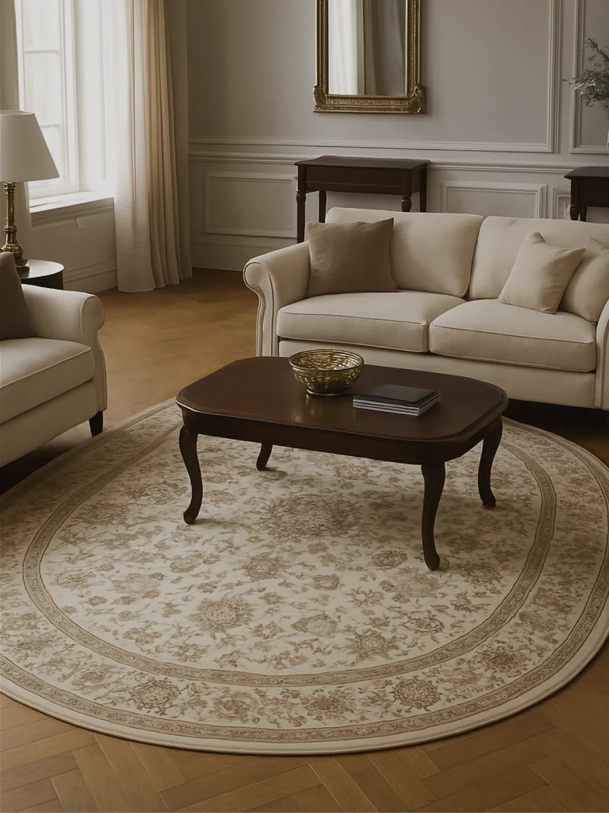 Traditional living room with an ornate oval rug featuring floral patterns, placed under a wooden coffee table and surrounded by cream-colored classic sofas.