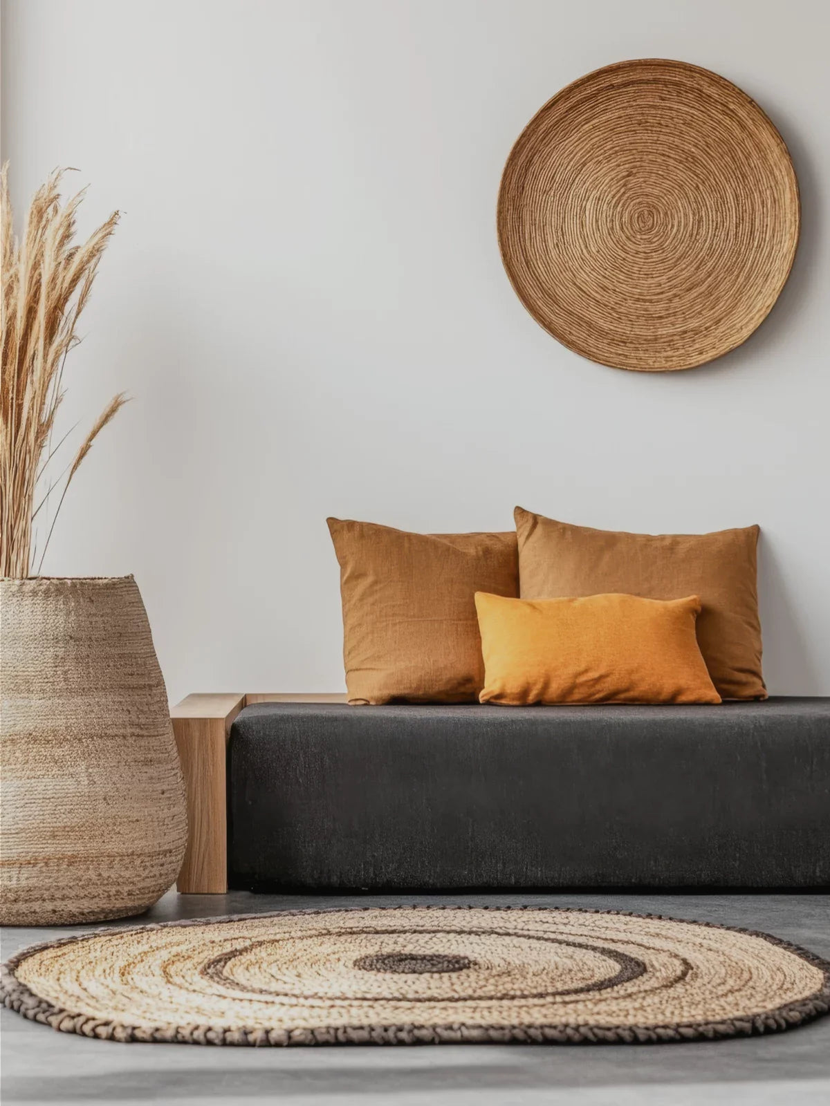 Boho-style living space featuring a natural woven round rug on a concrete floor, with earth-toned pillows, a low bench, and rustic decor elements.