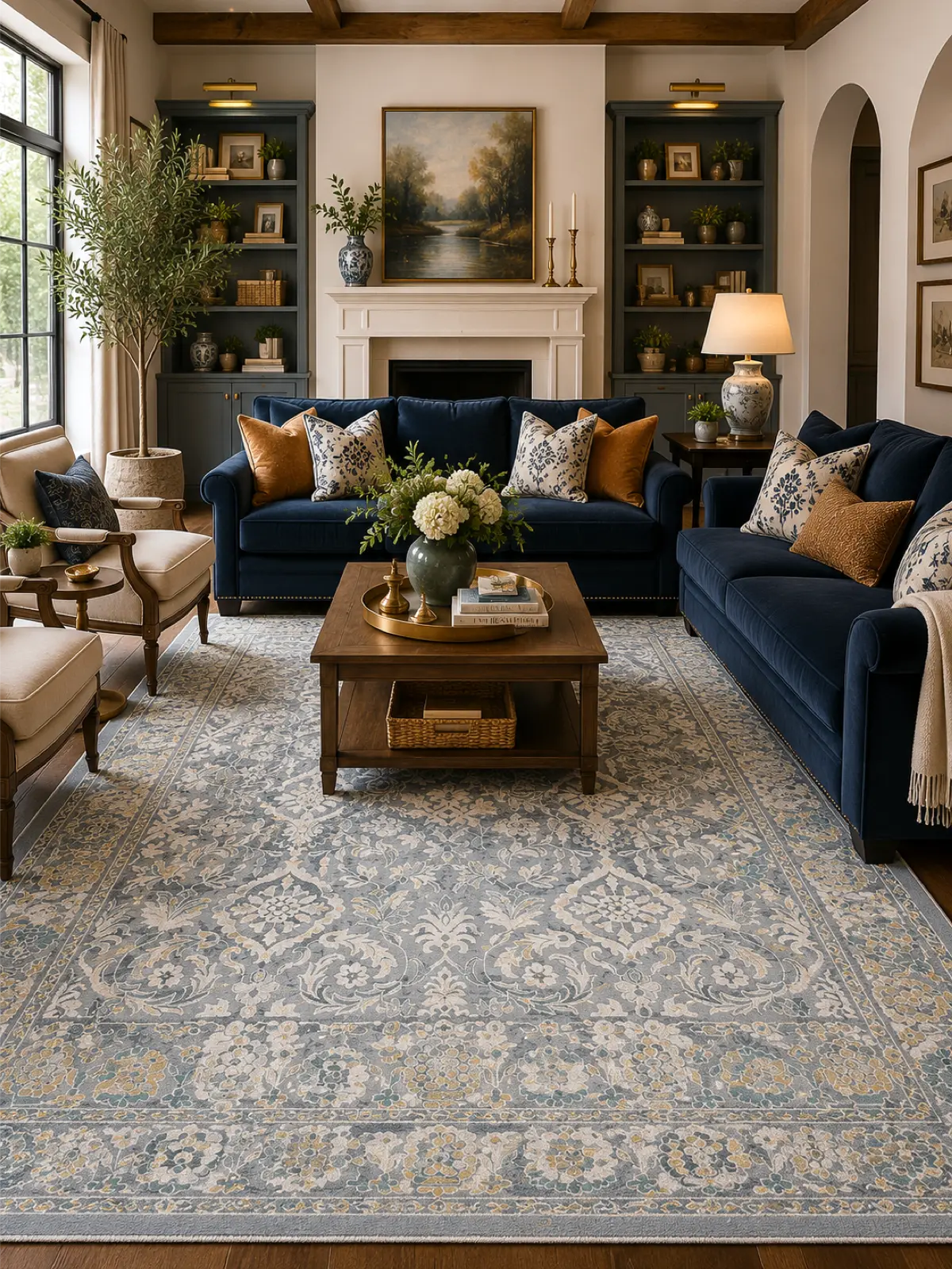 A large traditional-style area rug in muted blue, beige, and gray tones covers the floor of a styled living room with navy sofas, a wooden coffee table, shelving, and a fireplace.