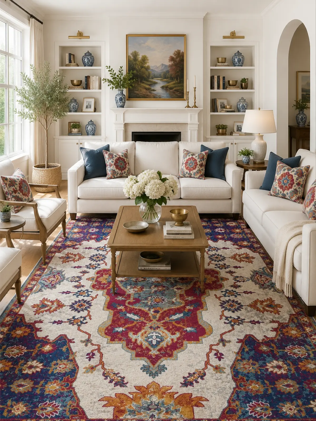 A beautifully styled living room featuring a large, ornate traditional and heriz area rug with a red, blue, and cream pattern. The room is furnished with white sofas, blue accent pillows, a wooden coffee table.