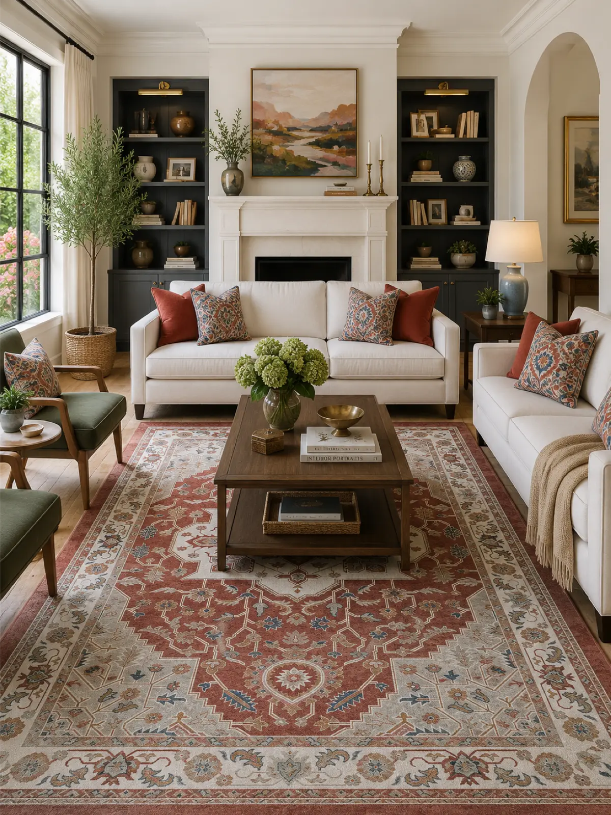 A large traditional kashan-style area rug in red, beige, and blue tones, styled in a bright, elegant living room with white sofas, a dark wood coffee table, and built-in shelving.