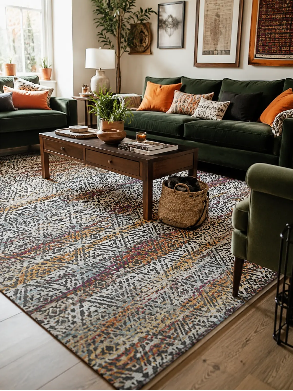 A large area rug with an abstract, distressed geometric pattern in gray, beige, brown, and muted orange, styled in a cozy living room with a dark green sofa, wooden coffee table, and accent pillows.