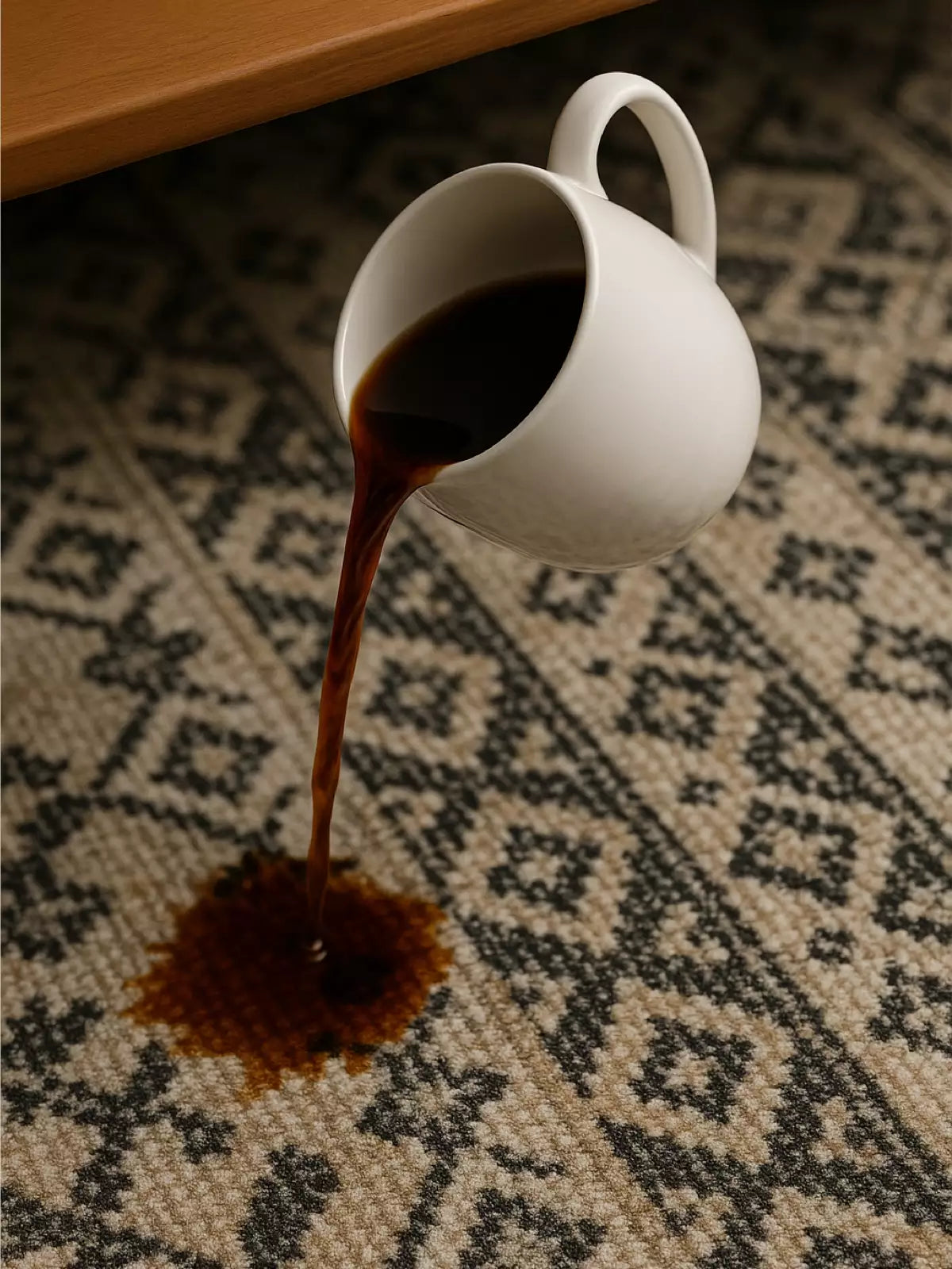 Coffee spilling from a white ceramic mug onto a patterned rug, demonstrating a common household accident on stain-resistant fabric.