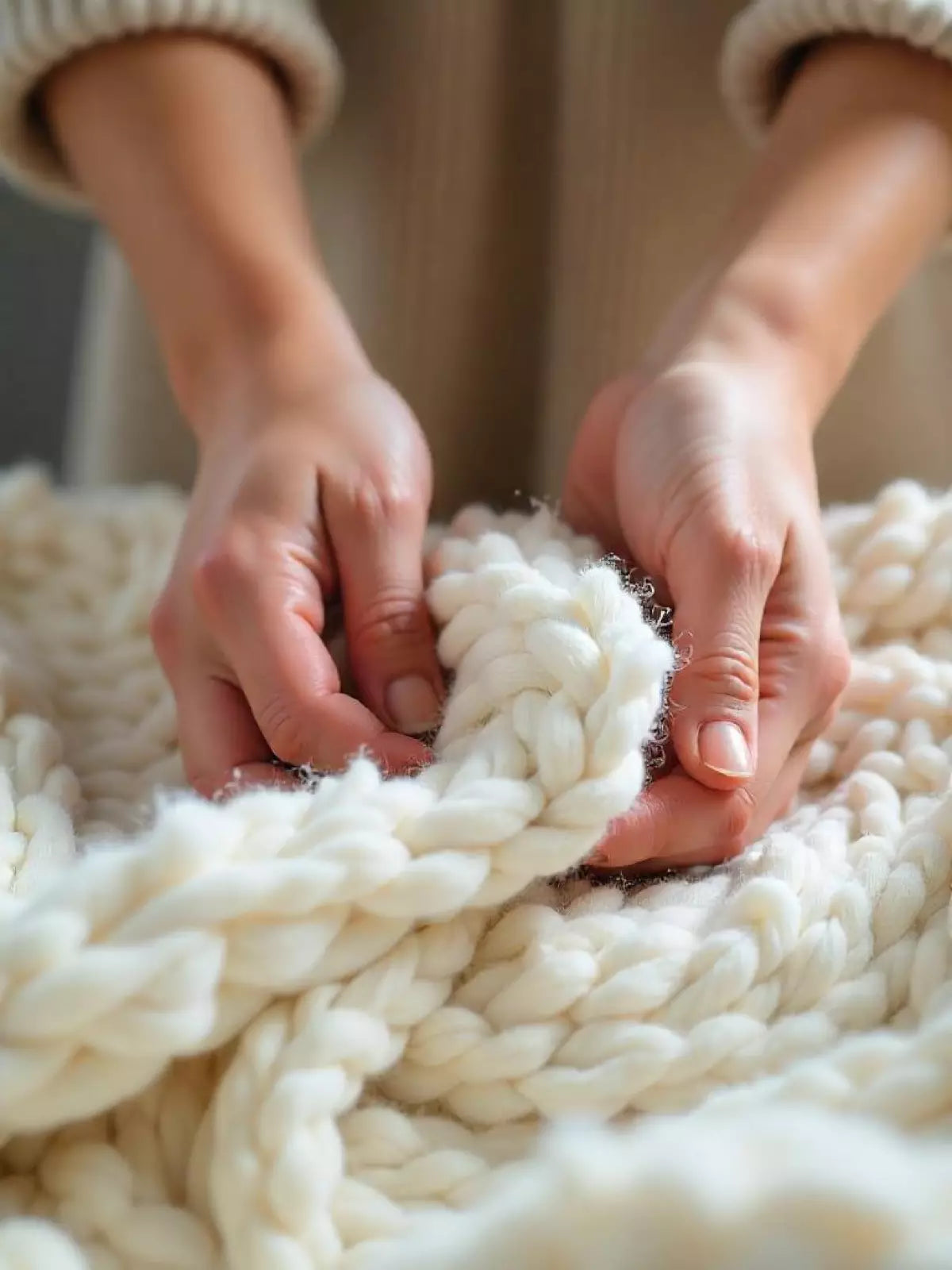 Close-up of hands weaving a chunky, cream-colored wool rug, highlighting the soft texture and handcrafted details.