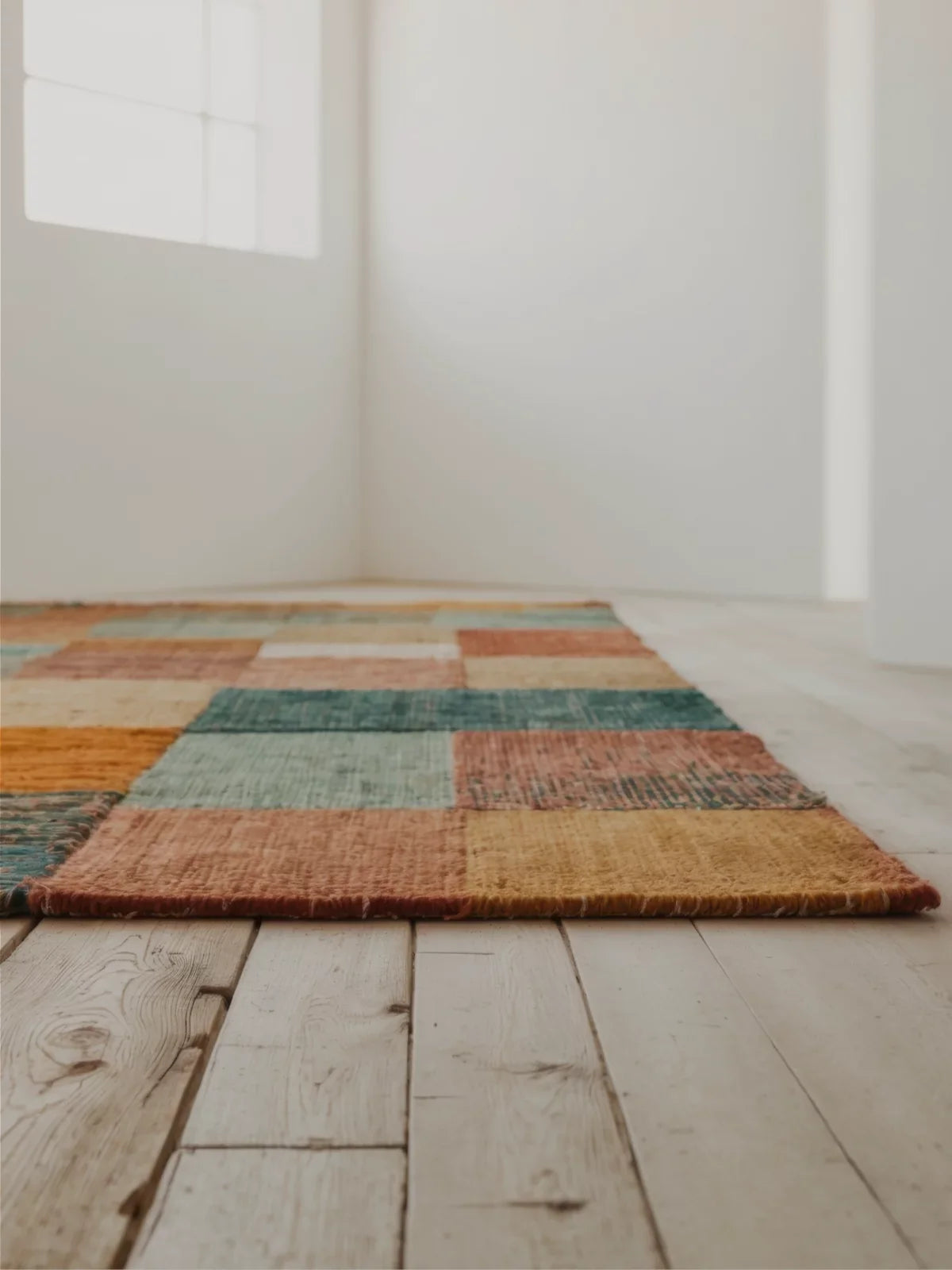 Close-up of a colorful, textured sisal rug laid on a light wooden floor in a minimalistic, sunlit room.