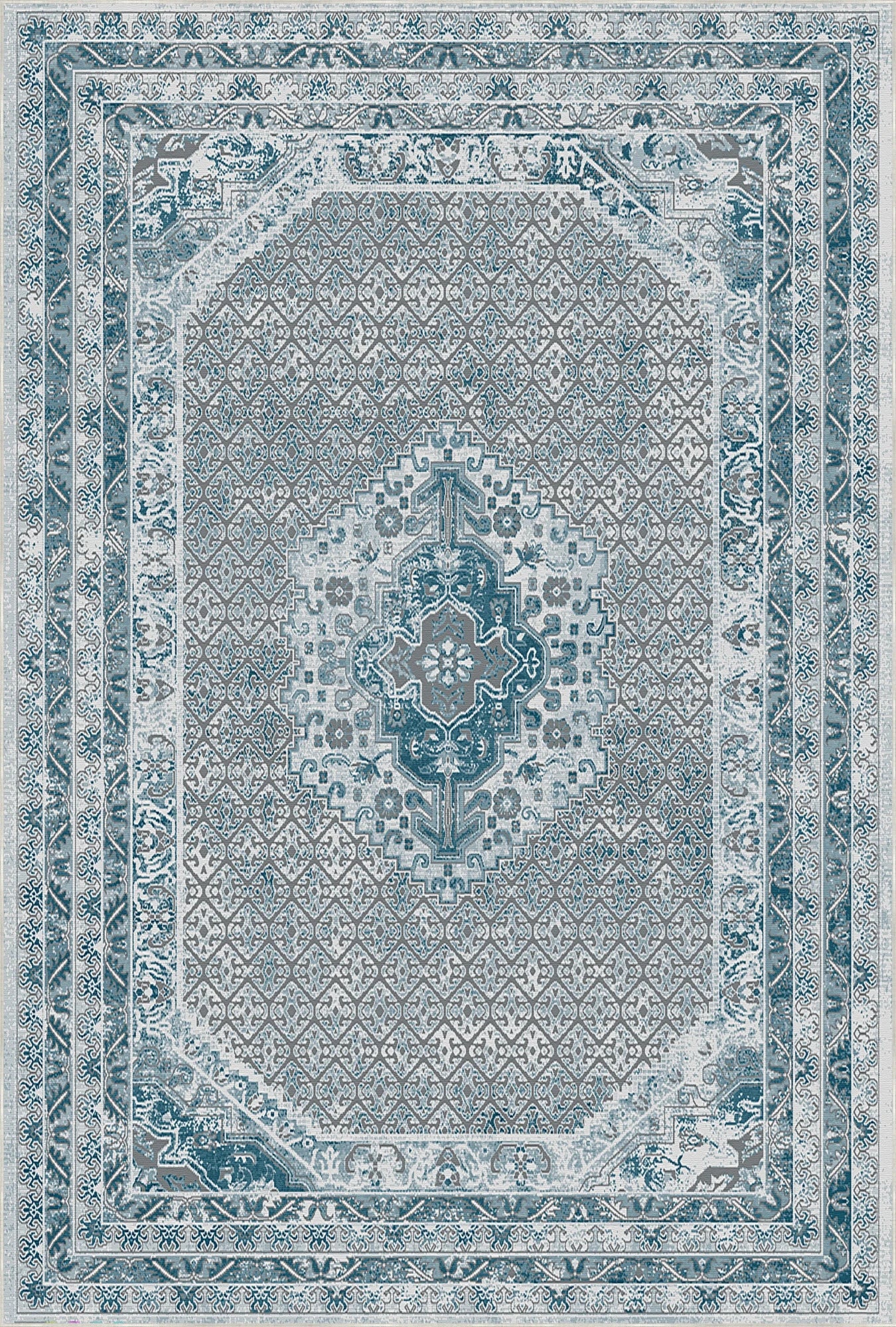 Decorative blue and gray area rug with intricate patterns