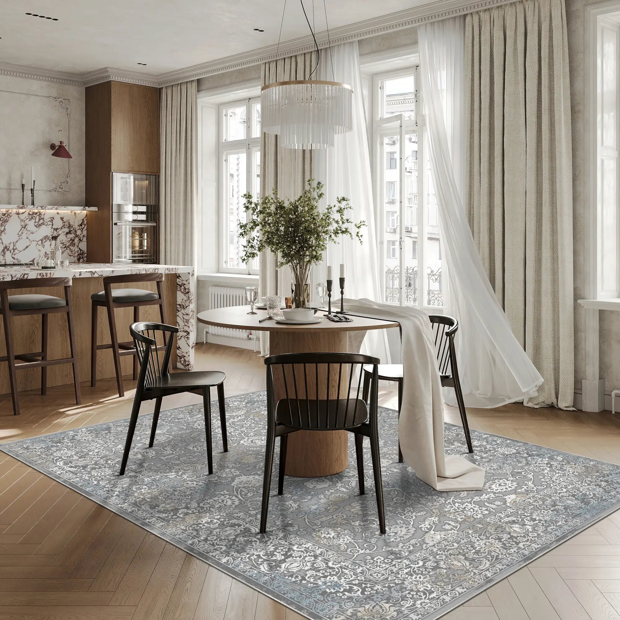 Silver Scrollwork Tapestry Rug