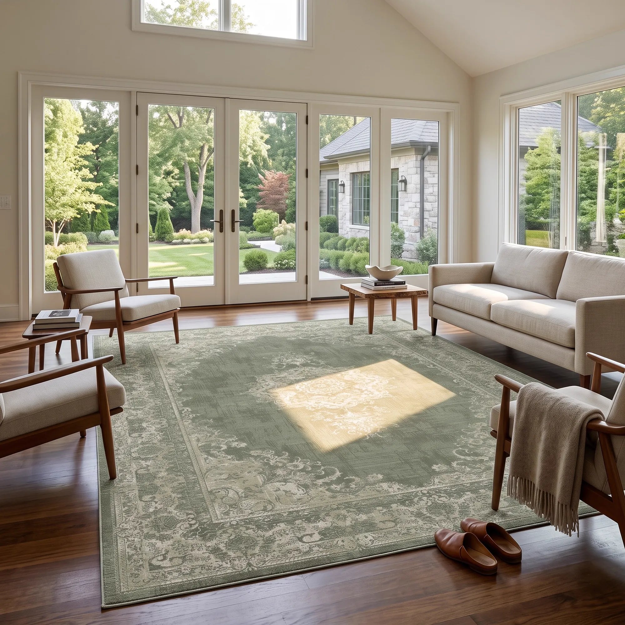 A large rectangular area rug in muted sage green and cream with a traditional floral border, shown in a bright, modern living room with hardwood floors, beige sofas, and large windows overlooking a garden.