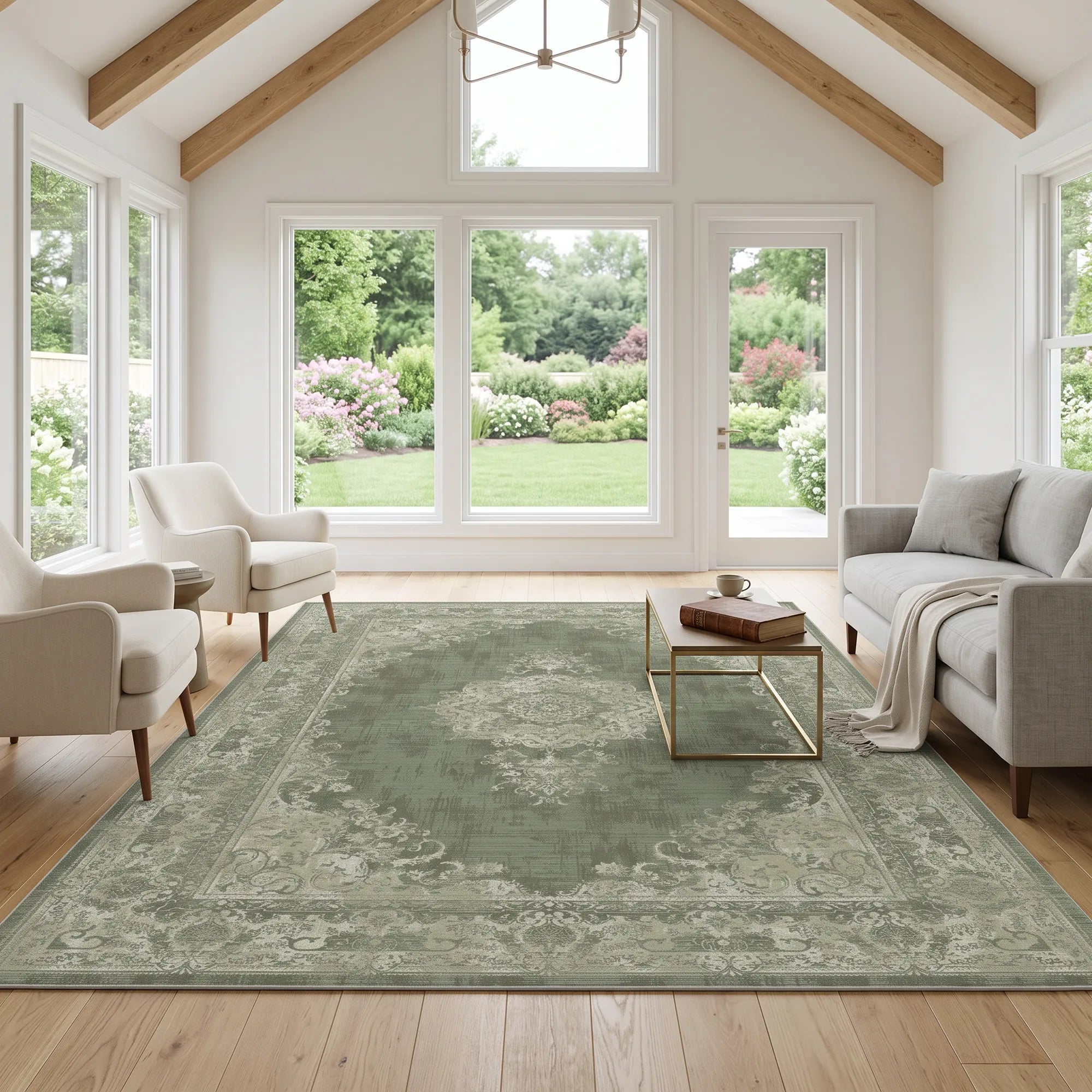 A large rectangular area rug with a distressed sage green and cream traditional medallion pattern, styled in a bright, modern living room with a gray sofa, white armchairs, and a wooden coffee table.