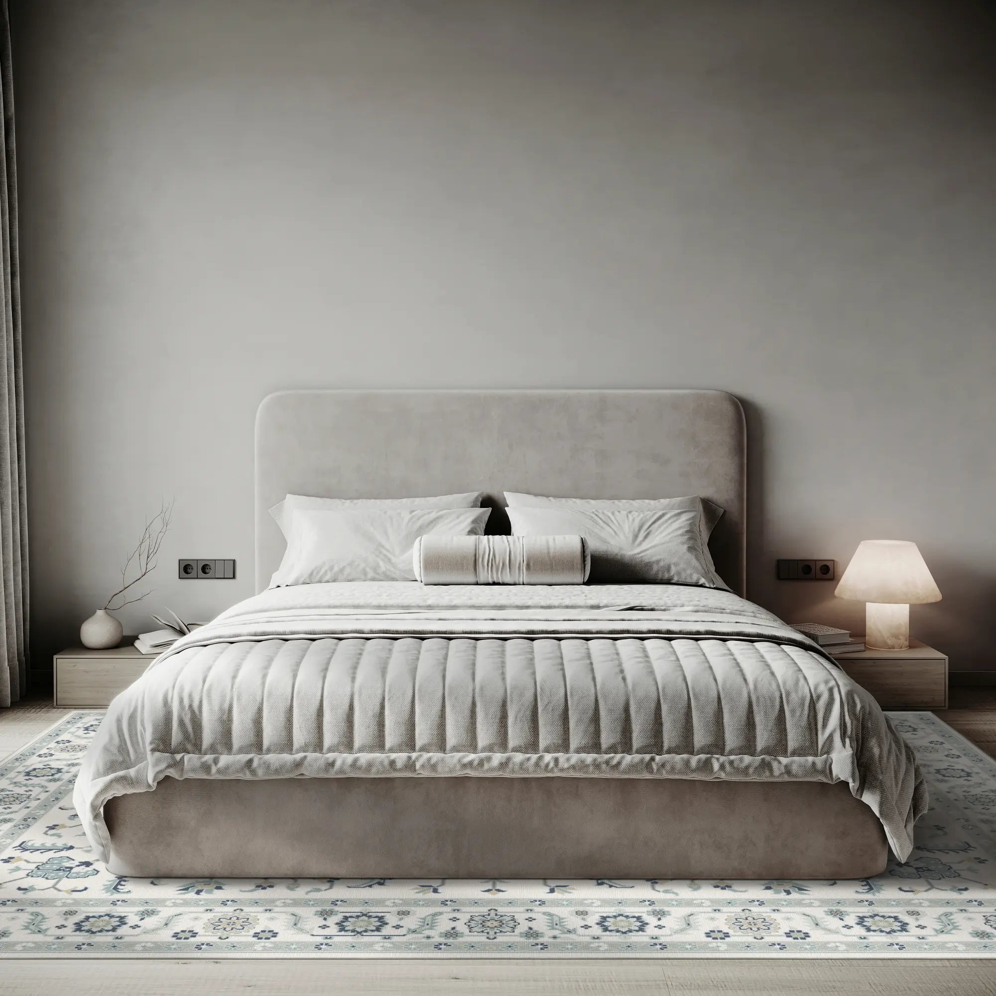 creamy white vs pale gray bedspread comparison with patterned rug