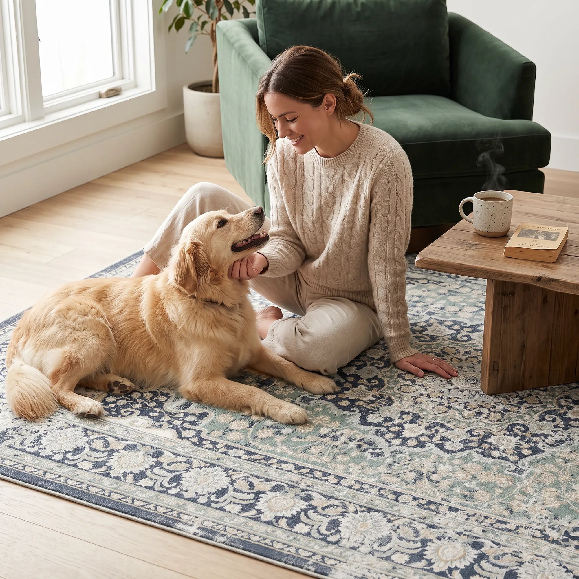 A woman sits on a patterned area rug in a bright living room, petting a golden retriever dog. A green armchair, a wooden coffee table with a mug and book, and a window are visible in the background.