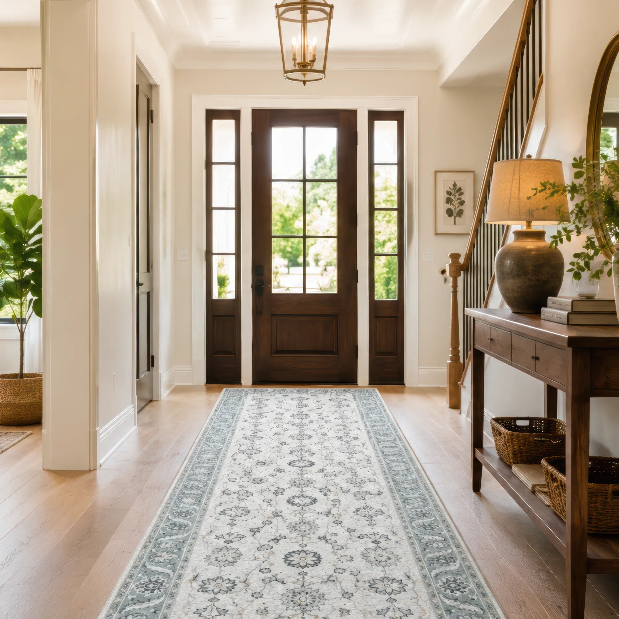 A long rectangular area rug with a traditional floral and medallion pattern in blue and beige, laid out on a light wood floor in a bright, elegant hallway.