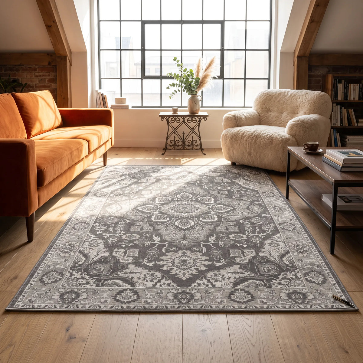 A large rectangular area rug with an intricate traditional medallion pattern in gray and off-white, styled in a bright, modern living room with a wooden floor, an orange sofa, and a cream armchair.