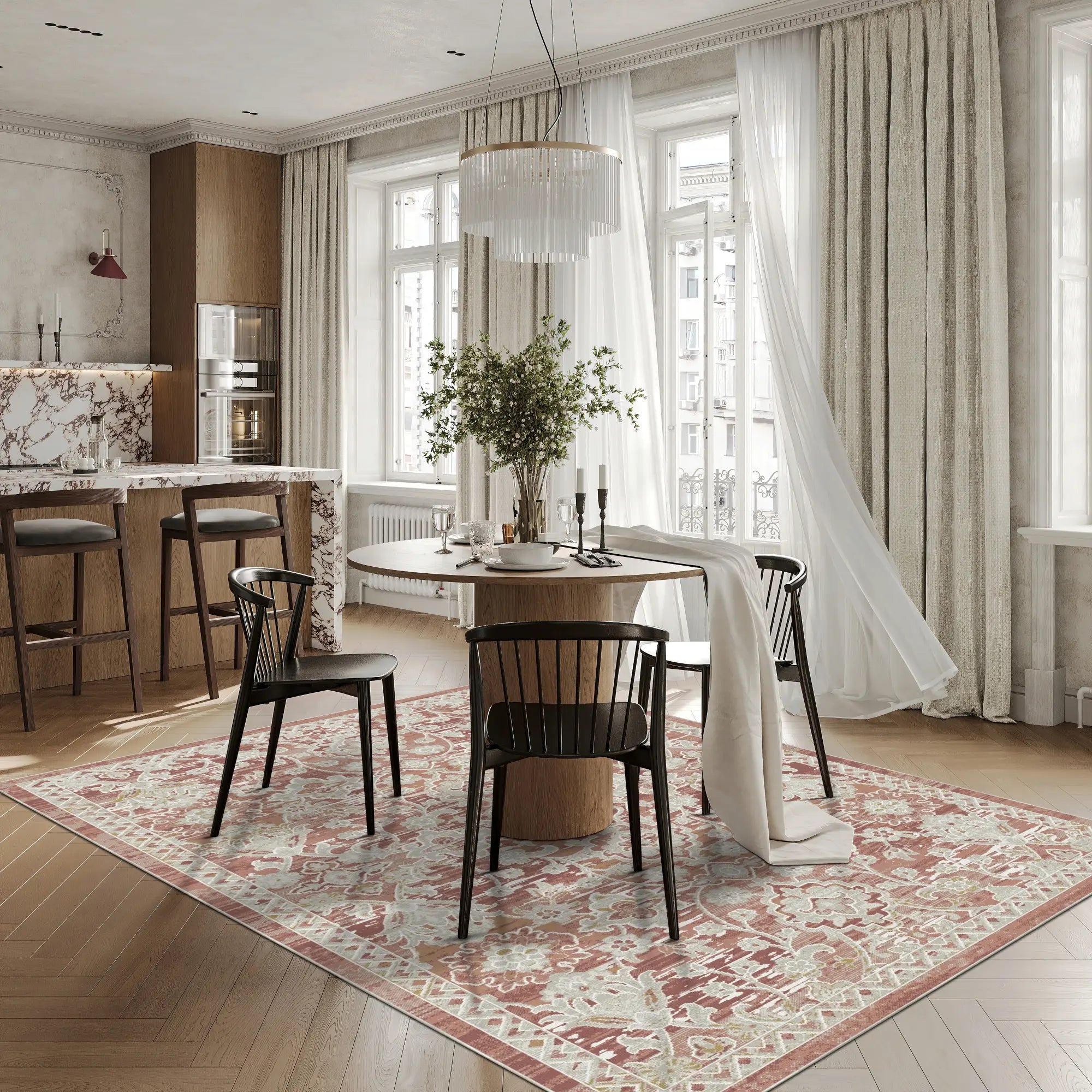 area rug with copper and cream trellis pattern under dining table in modern room