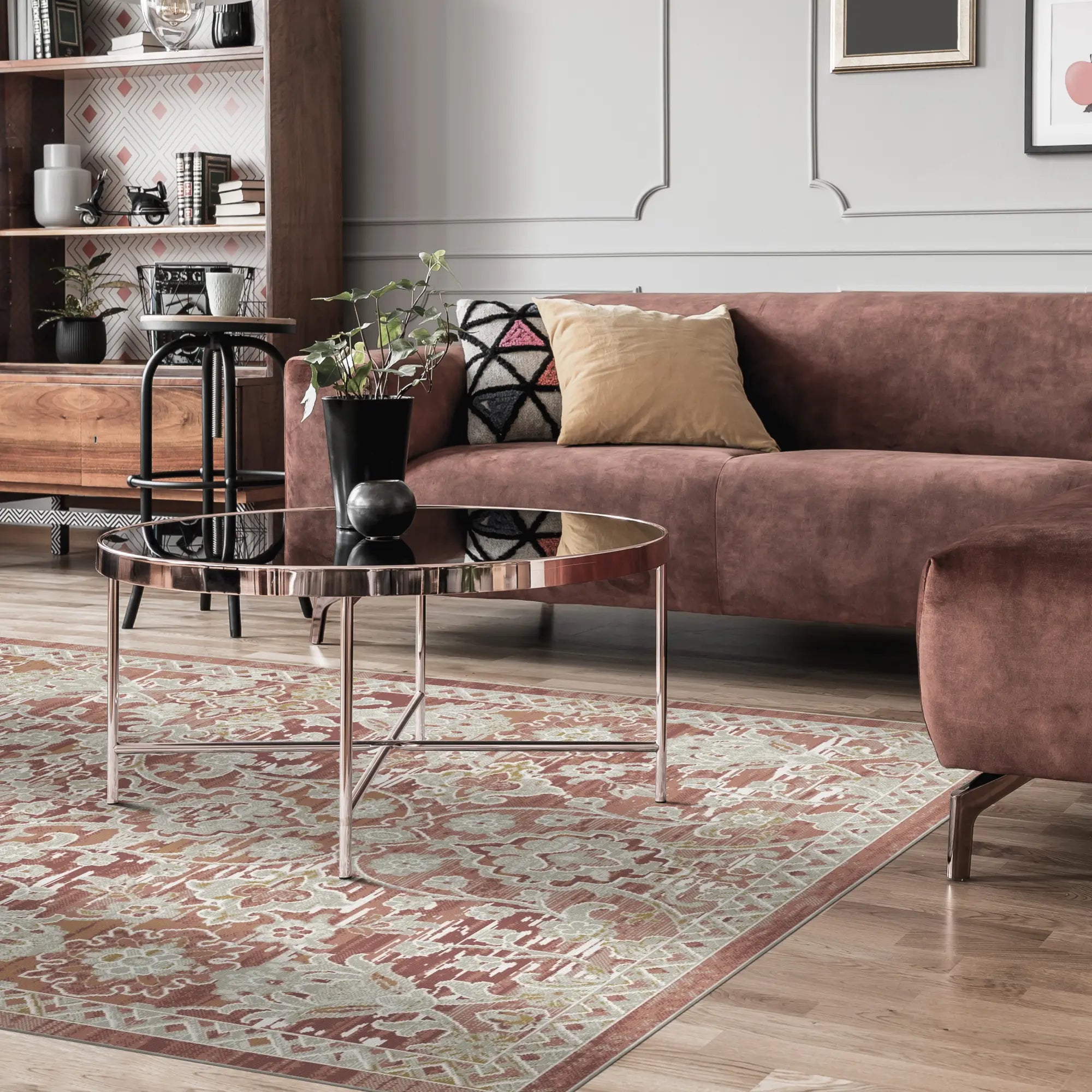 area rug with copper and beige floral trellis pattern in living room setting