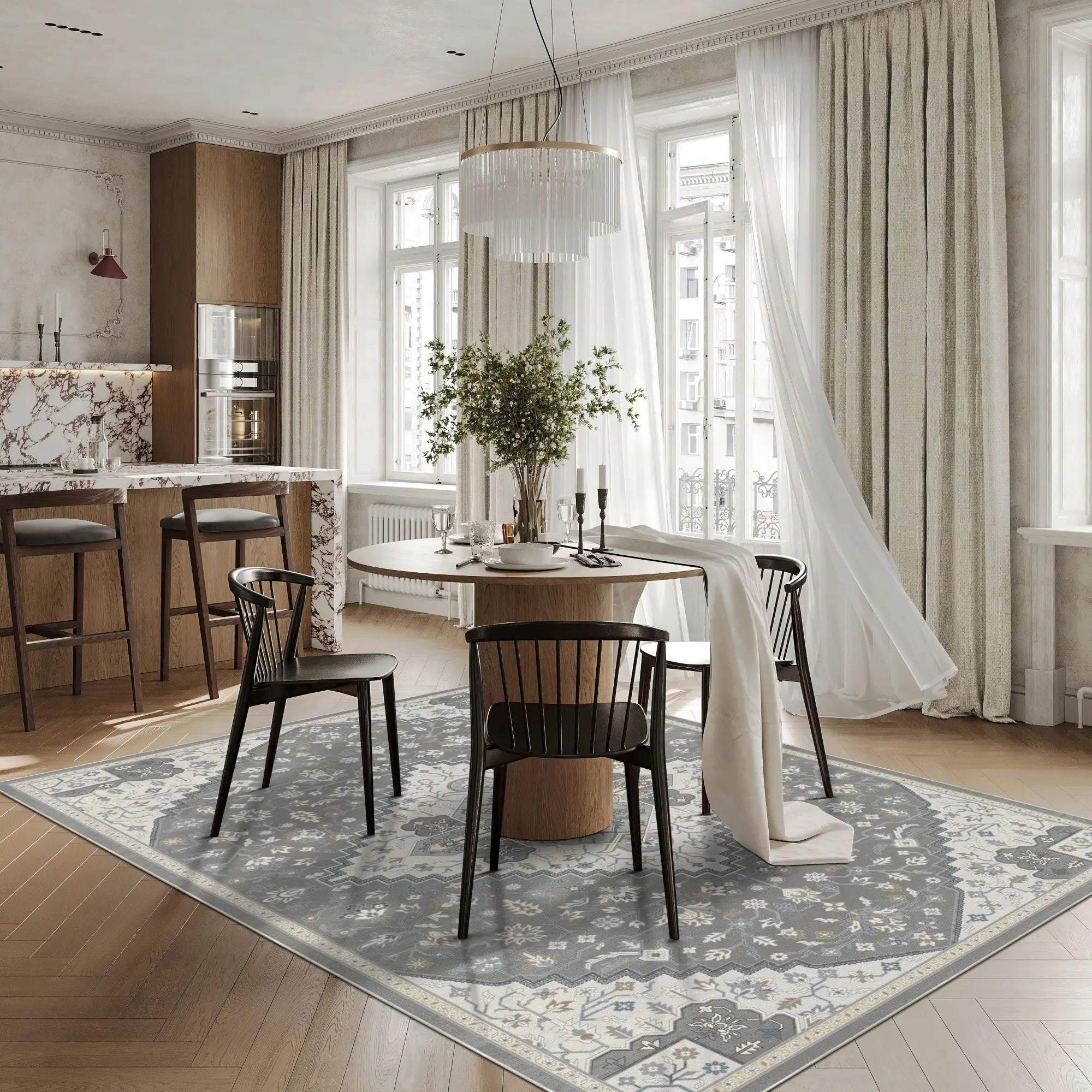 area rug with silver gray and cream medallion pattern under dining table in kitchen