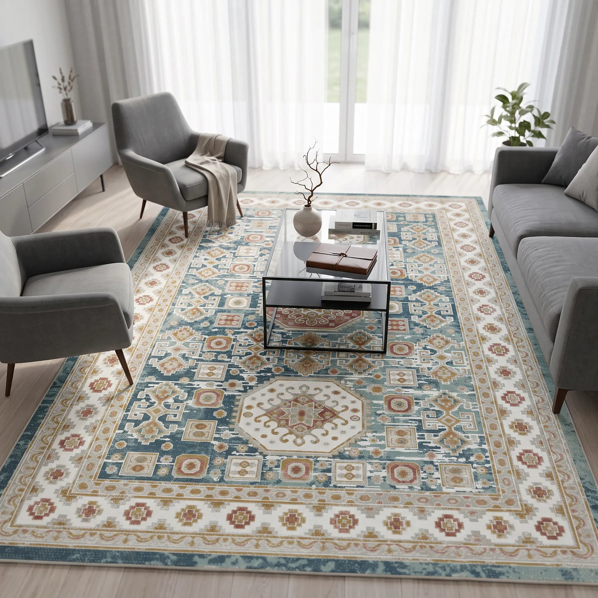 A large traditional-style area rug with a blue, beige, and cream pattern is shown in a modern living room setting with gray armchairs, a glass coffee table, and sheer white curtains.