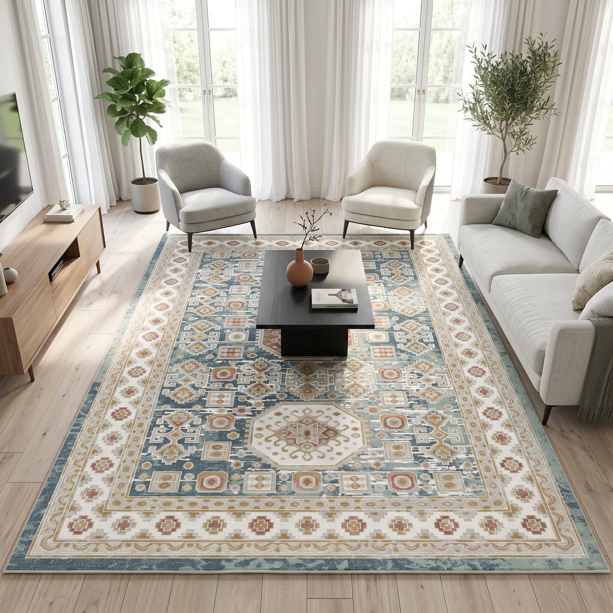 A large rectangular area rug with an intricate traditional medallion pattern in blue, beige, and cream, styled in a bright, modern living room with a sofa, armchairs, and a coffee table.
