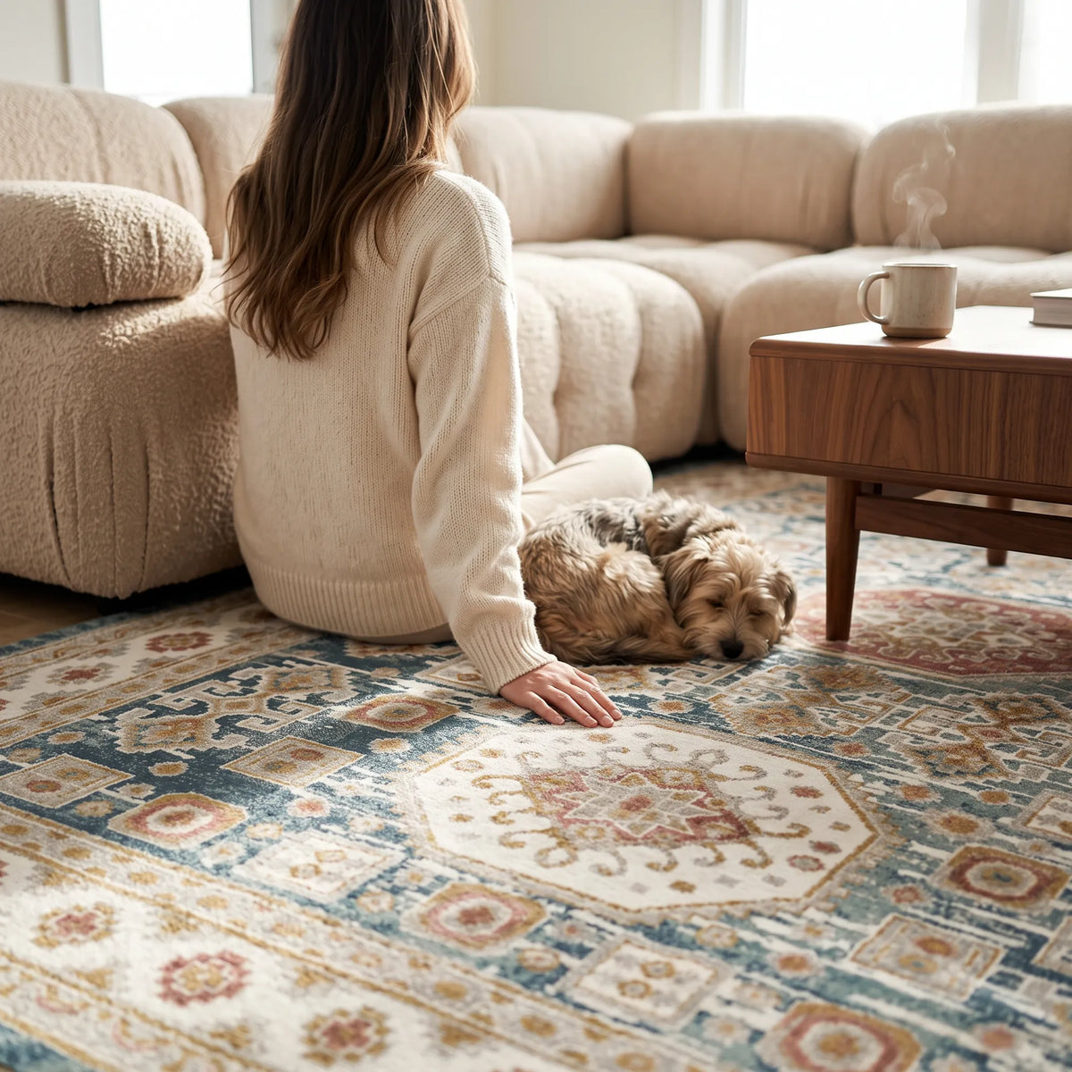A green and beige traditional rug in a living room and a woman sitting on rug with her dog. There is a coffee table and a cup coffee on it.
